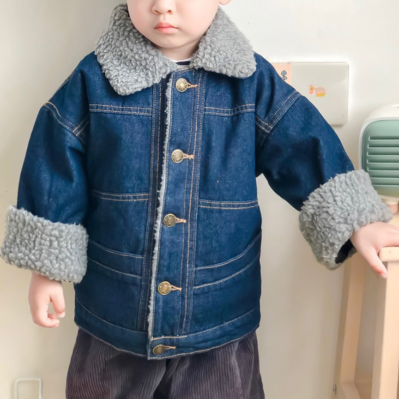 Children Winter Windproof Washed Denim Coat Warm Jeans Jacket with Sherpa Lining