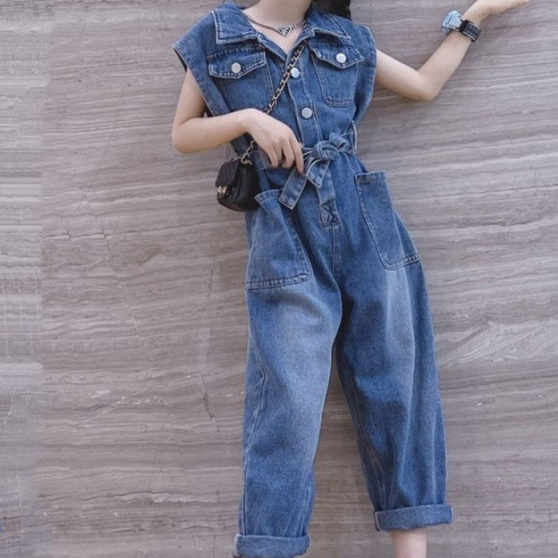 Girls Summer Short Sleeve Long Pants Button Overalls Washed Denim Loose Jumpsuit