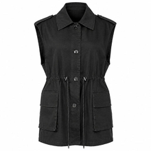 Women's Cotton Waist Drawstring Sleeveless Utility Vest Button Jacket