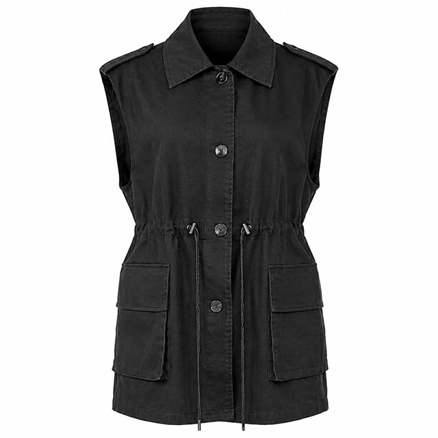 Women's Cotton Waist Drawstring Sleeveless Utility Vest Button Jacket