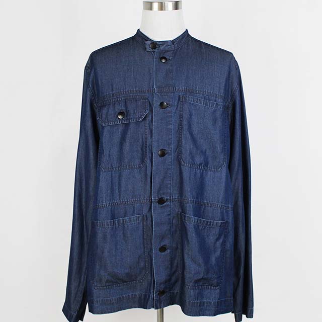 Men's Stand Collar Cotton Denim Solid Color Long Sleeve Cargo Shirt