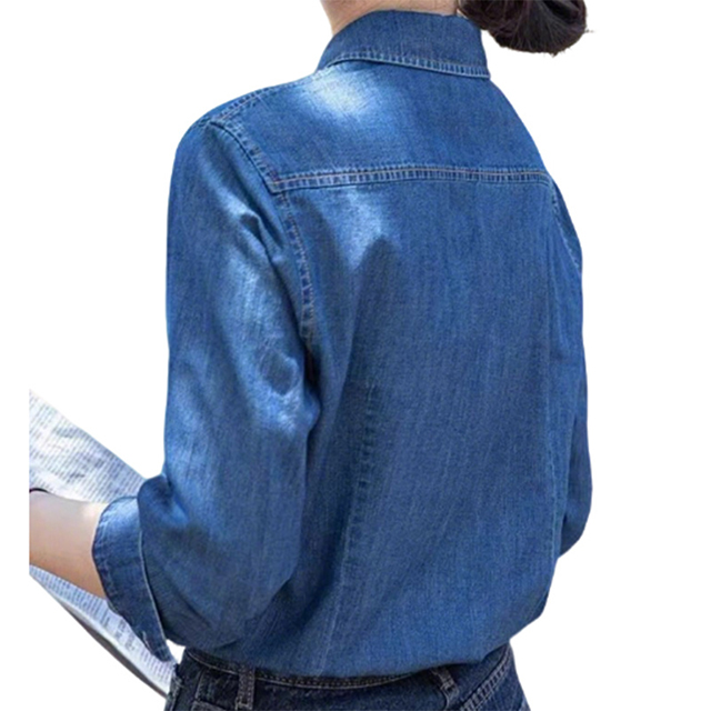 Women's Cotton Plain Long Sleeve Denim Button Down Commute Shirt