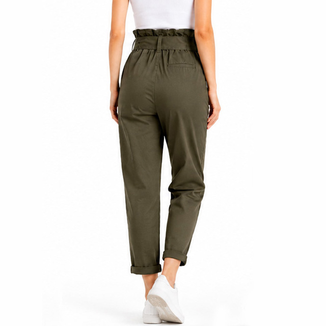 Women's Cotton Ruffle High Rise Cropped Harem Pants with Belt