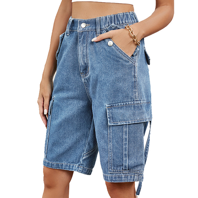 Women's Cotton Denim Washed Summer Casual Cargo Bermuda Shorts