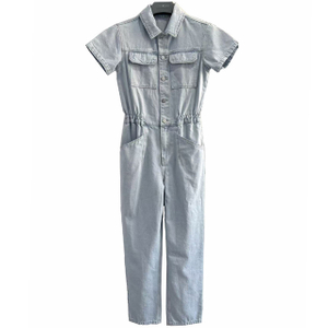 Women Summer Short Sleeve Cotton Denim Street Style Jumpsuit