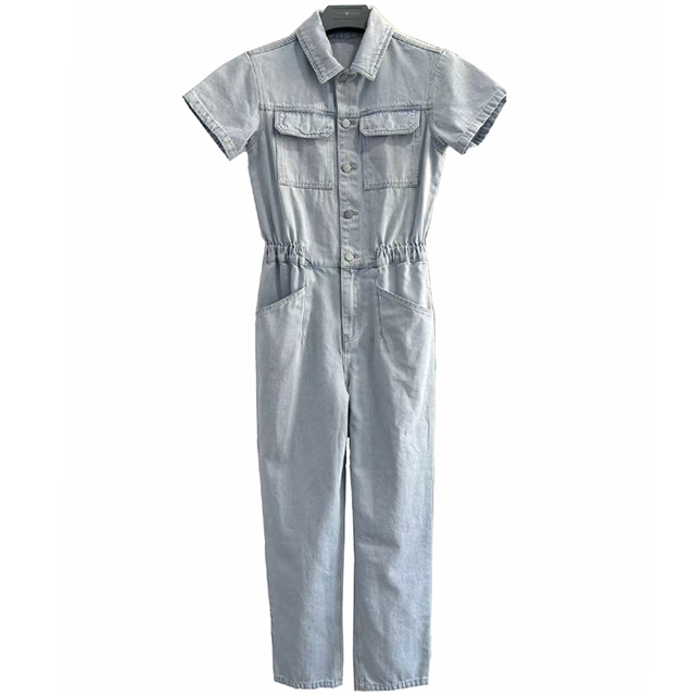 Women Summer Short Sleeve Cotton Denim Street Style Jumpsuit