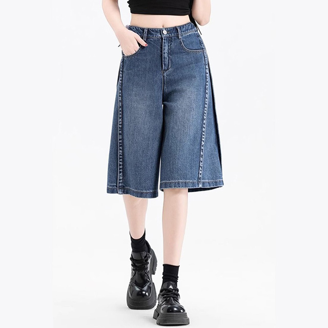 Women Summer High Waist Wide-Leg Denim Bermuda Shorts