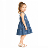 Girls Summer Floral Embroidery Square Neck Tiered Denim Sundress