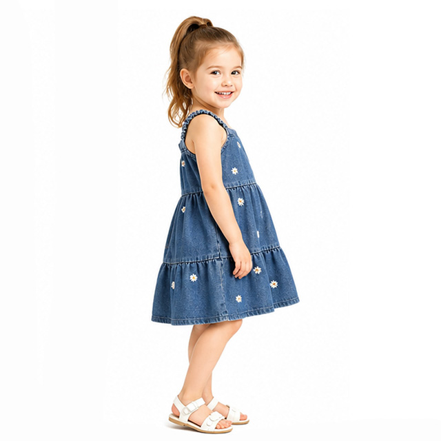 Girls Summer Floral Embroidery Square Neck Tiered Denim Sundress