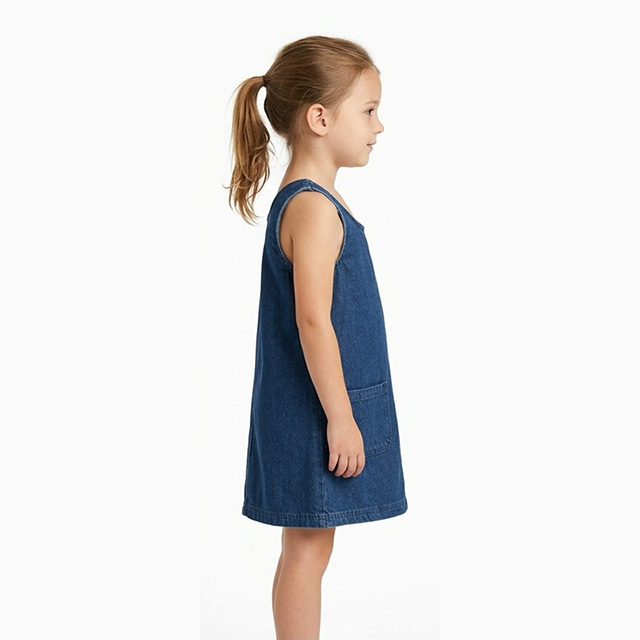 Girls Sleeveless Round Neck Embroidered Straight Denim Dress