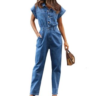 Ladies Overalls Short Sleeve Button Up High Waist Street Long Denim Jumpsuit