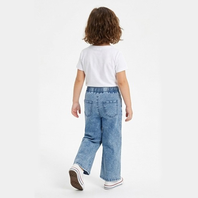 Girls Wash Blue Straight Wide Leg Elastic Waist Denim Jeans