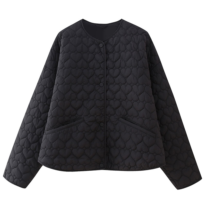 Women's Vintage Lightweight Round Neck Snap Button Winter Padded Quilted Puffer Jacket