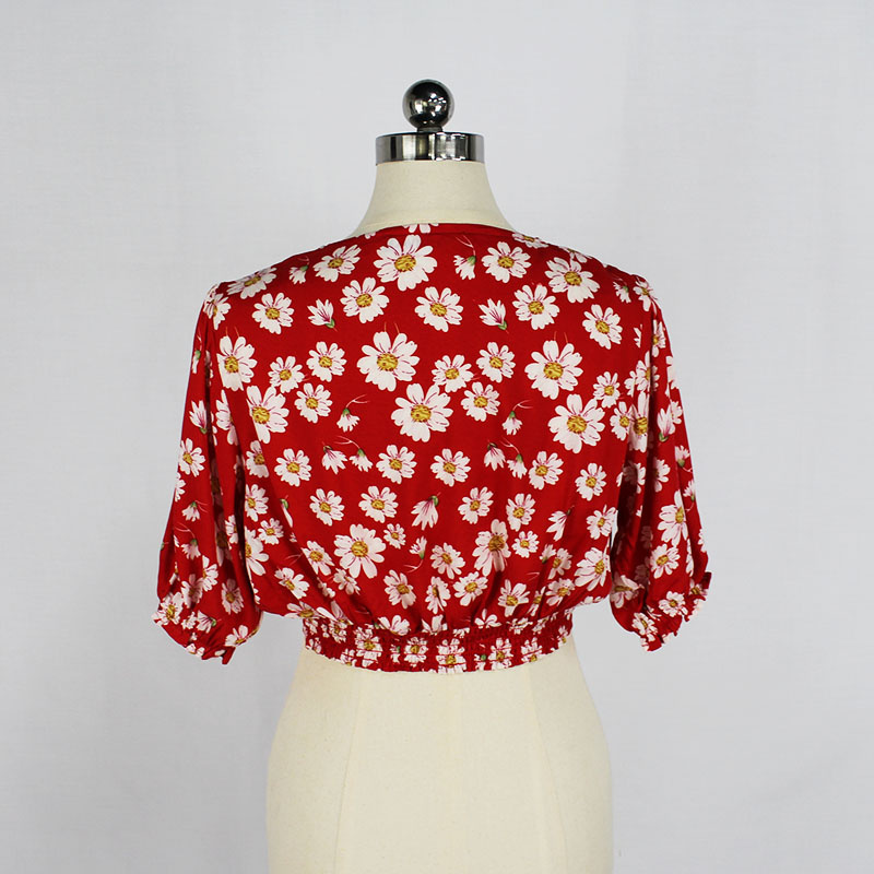 Women's Summer Floral Print V-Neck Short Sleeve Cropped Top Shirt