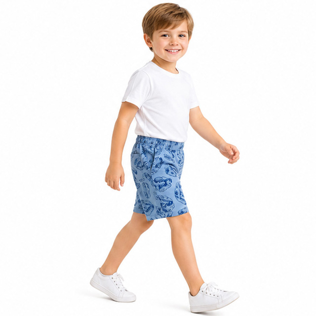 Summer Boys Loose Fit Elastic Waistband Blue Printed Cotton Shorts