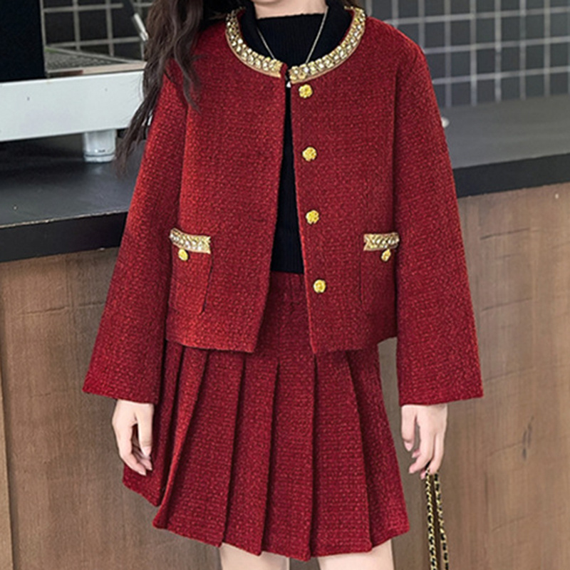 Girls Christmas Red Holiday Suit Elastic Waist Fashion Princess Thick Pleat Skirt