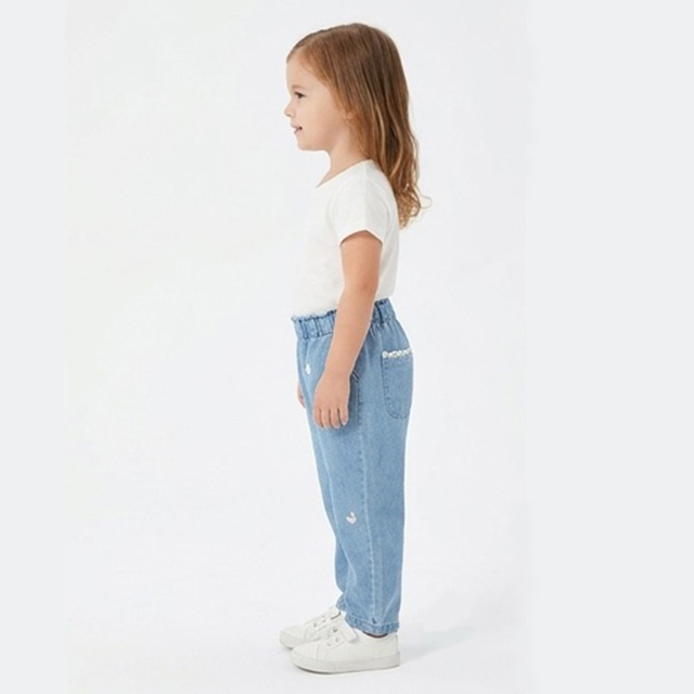Girls Embroidery Elastic Waist Lightweight Breathable Cotton Denim Jeans