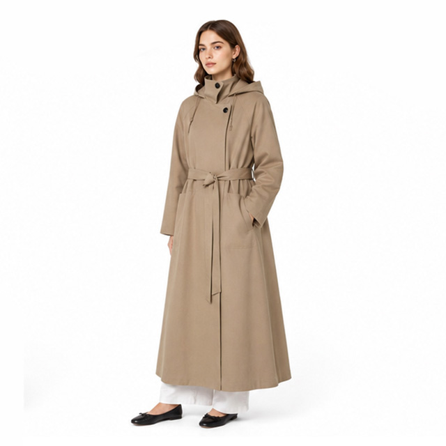 Ladies Hooded Fashion Minimalist Lace-up Khaki Long Trench Coat
