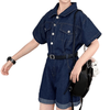 Girls' Summer Short Sleeve Wide-Leg Rolled Hem Shorts Denim Jumpsuit
