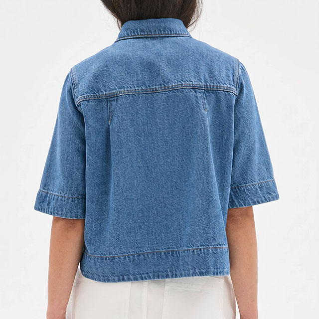 Women's Short Sleeve Button Front Cropped Cocoon Jean Shacket
