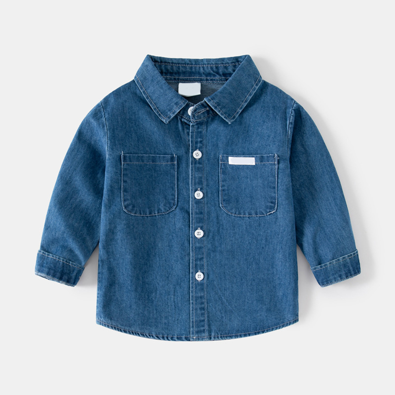Boy's Casual Versatile Tops Kids Cotton Denim Long Sleeve Lapel Button Shirt