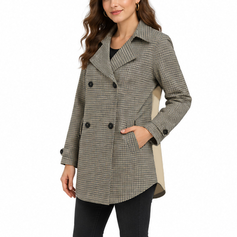 Women's Houndstooth Patchwork Double-Breasted A-Line Loose Fit Trench Coat