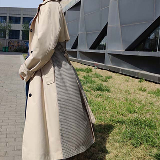 Women's Splicing Effect Windproof Khaki Trench Coat with Waist Belt