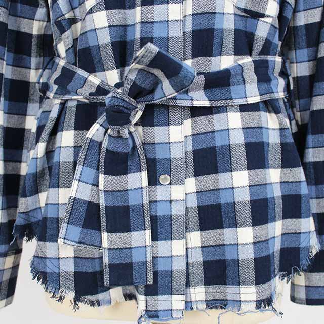 Women's Flannel Long Sleeve Fringed Plaid Shirt with Belt