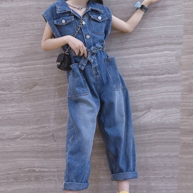 Girls Summer Short Sleeve Long Pants Button Overalls Washed Denim Loose Jumpsuit