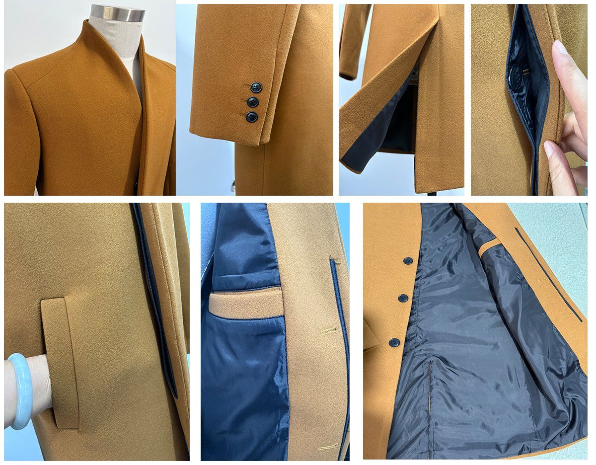 Men's Vintage Winter Overcoat Poly Knit Single-Breasted Funnel Neck Lined Long Trench Coat