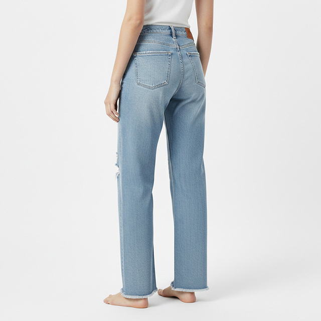 High Waist Light Blue Wash Ripped Straight Leg Women's Denim Jeans