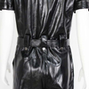 Women's Black PU Leather Button Front Short Sleeve Lapel Jumpsuit