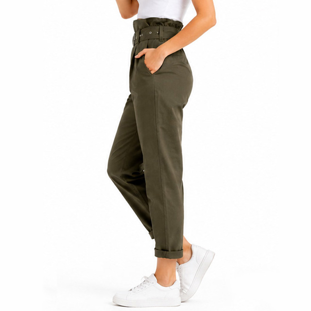 Women's Cotton Ruffle High Rise Cropped Harem Pants with Belt