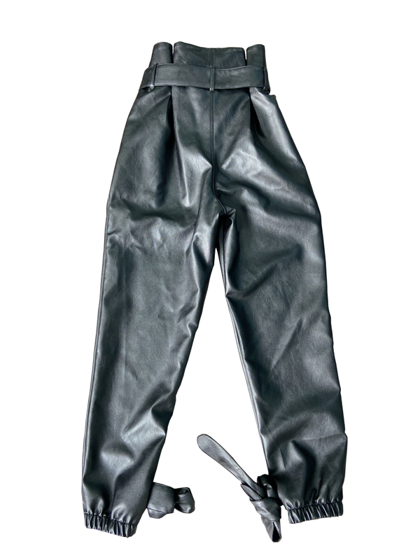  High rise pleated waistband pu leather pencil leg trouser pant trousers in black