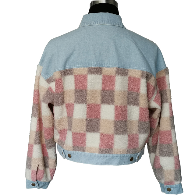 Fashion new style jacket spring wear long sleeve blue denim contrast faux fur plaid coat in pink