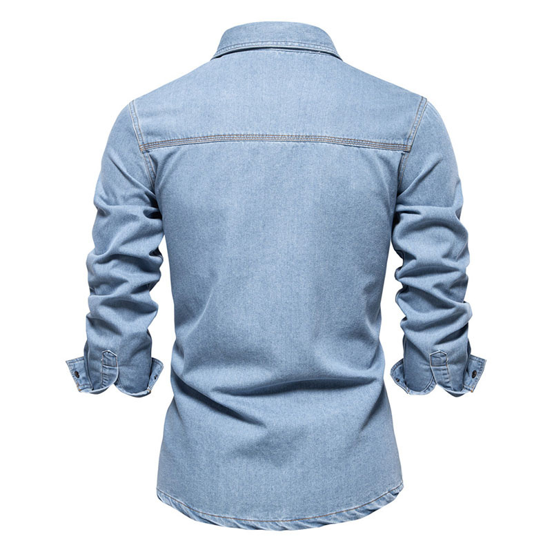 Men's Custom Spring/Autumn Washed Cotton Double Flap Pocket Long Sleeve Denim Shirt