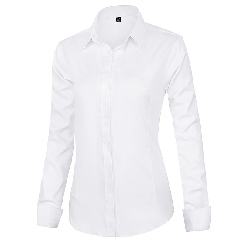 Women Basic Blouse Hidden Button Business Office Commuter Long Sleeve Dress Shirt