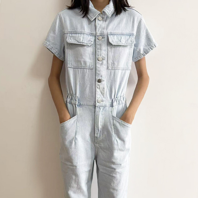 Women Summer Short Sleeve Cotton Denim Street Style Jumpsuit