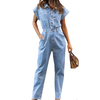 Ladies Overalls Short Sleeve Button Up High Waist Street Long Denim Jumpsuit
