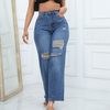 Wholesale Women Fashion Monkey Washed Destroyed Denim Pants Ripped Straight Jeans