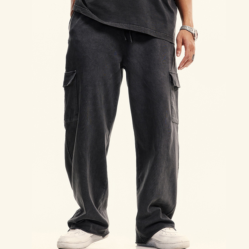 Men's Knit 5 Pockets Elastic Waist Loose Baggy Cotton Cargo Pants with Drawstring