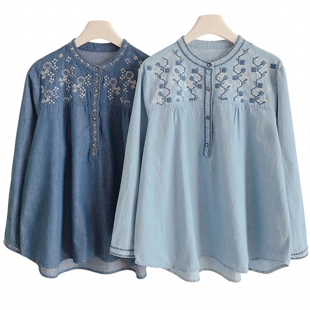 Women Spring Loose Fit Embroidery Cotton Denim Long Sleeve Shirt