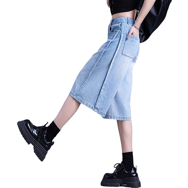 Women Retro High Waist Loose Fit Mid-Length Denim Shorts