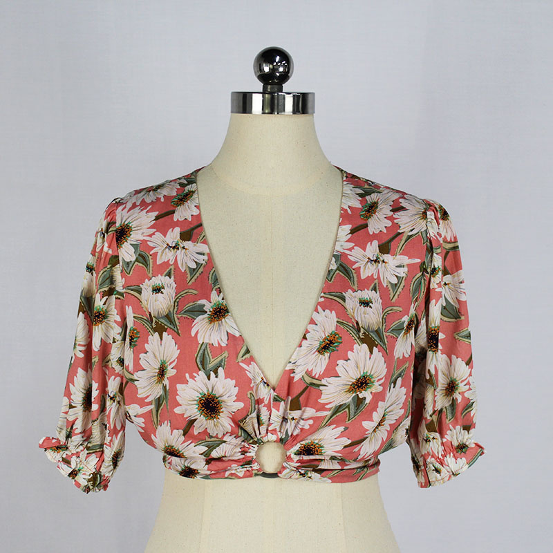 Women's Summer Floral Print V-Neck Short Sleeve Cropped Top Shirt