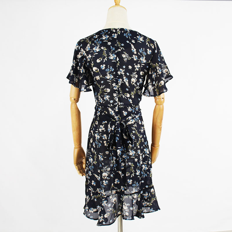 Ladies Summer Black Chiffon Custom V-Neck Flounce Short Sleeve Fashion Floral Dress