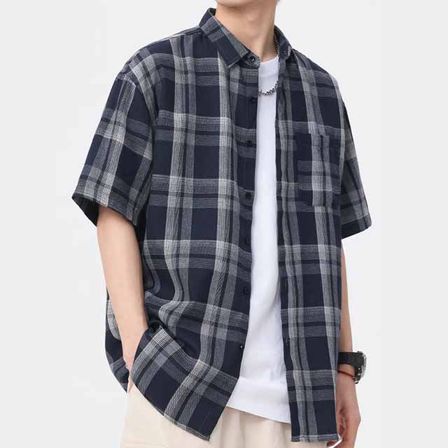Men's Summer Breathable Custom Loose Short Sleeve Plaid Shirt