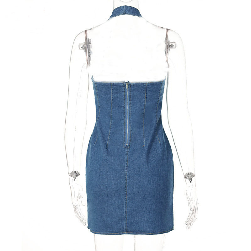 Ladies Sleeveless V-Neck Sexy Girdling Openwork Bodycon Denim Party Dress
