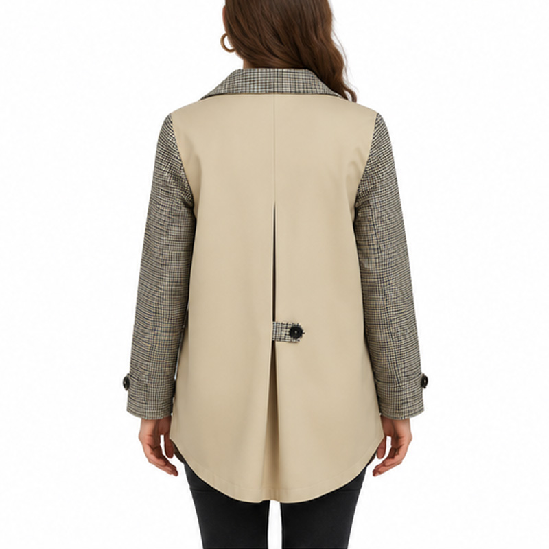 Women's Houndstooth Patchwork Double-Breasted A-Line Loose Fit Trench Coat