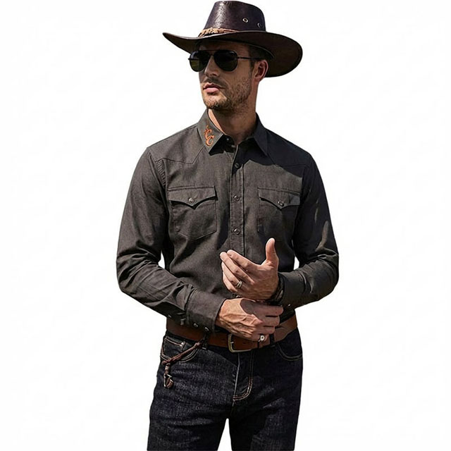 Men Custom Cotton Spandex Western Long Sleeve Shirt with Embroidery