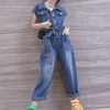Girls Summer Short Sleeve Long Pants Button Overalls Washed Denim Loose Jumpsuit